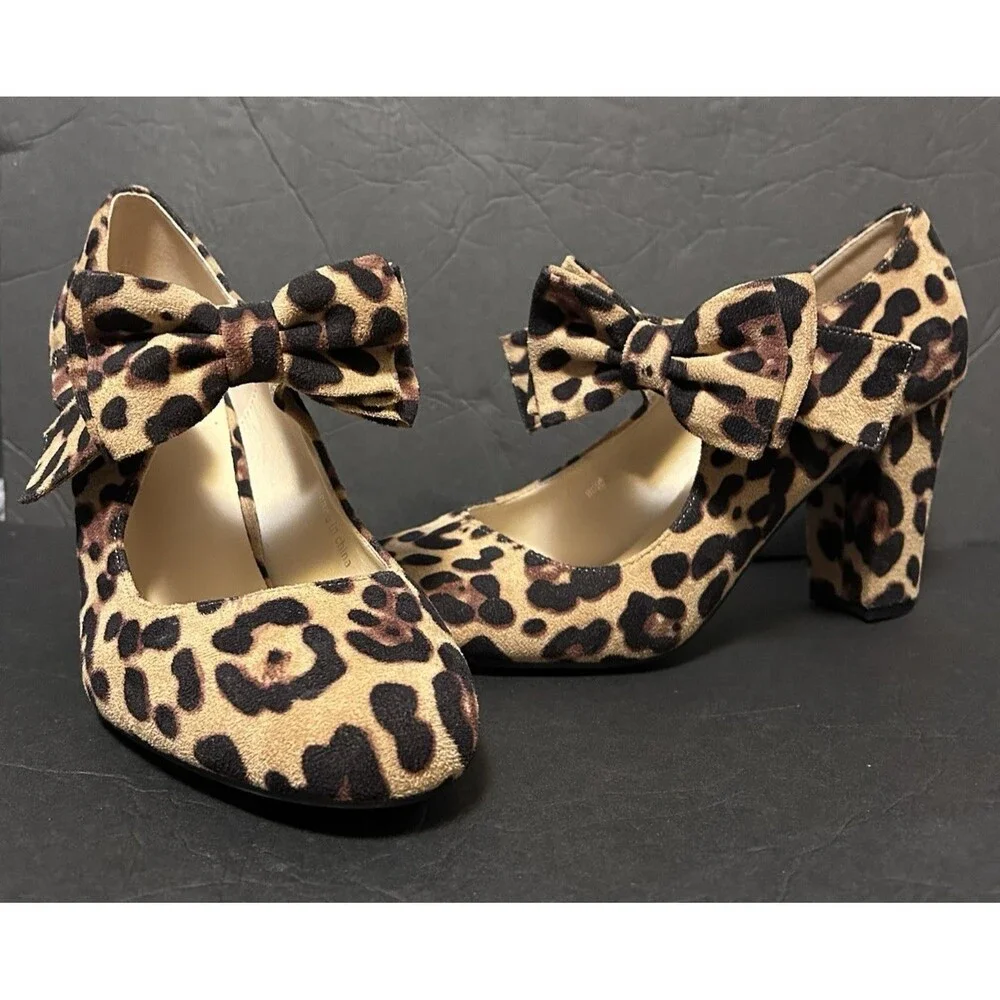 Maiernisi Jessi Leopard Print Dress Shoes Heels Bow Detail Block Heel  Size 9.5
